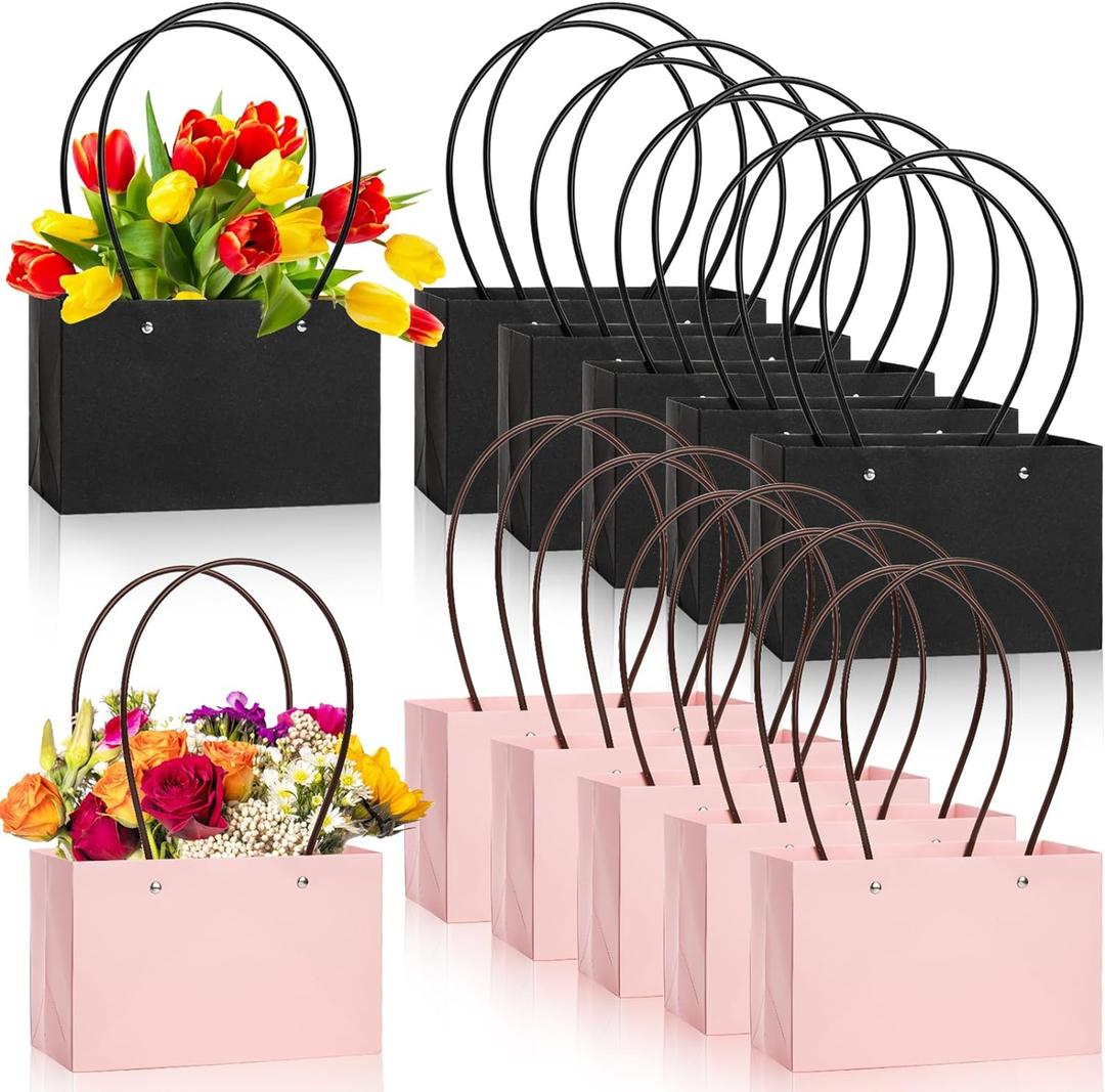 DEAYOU 12 Pack Kraft Paper Flower Gift Bags, Bouquet Bag Box with Handle, Small Paper Carrier Tote Bags with Waterproof Lining for Floral Arrangement, Party Favor, Packaging, Ultra Thick, Black, Pink
