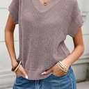 Cakulo Summer Crochet Tops for Women 2025 Short Sleeve V Neck Hollow Out Knit Beach Cover Up Casual Sweater Top (Small, Light Purple)