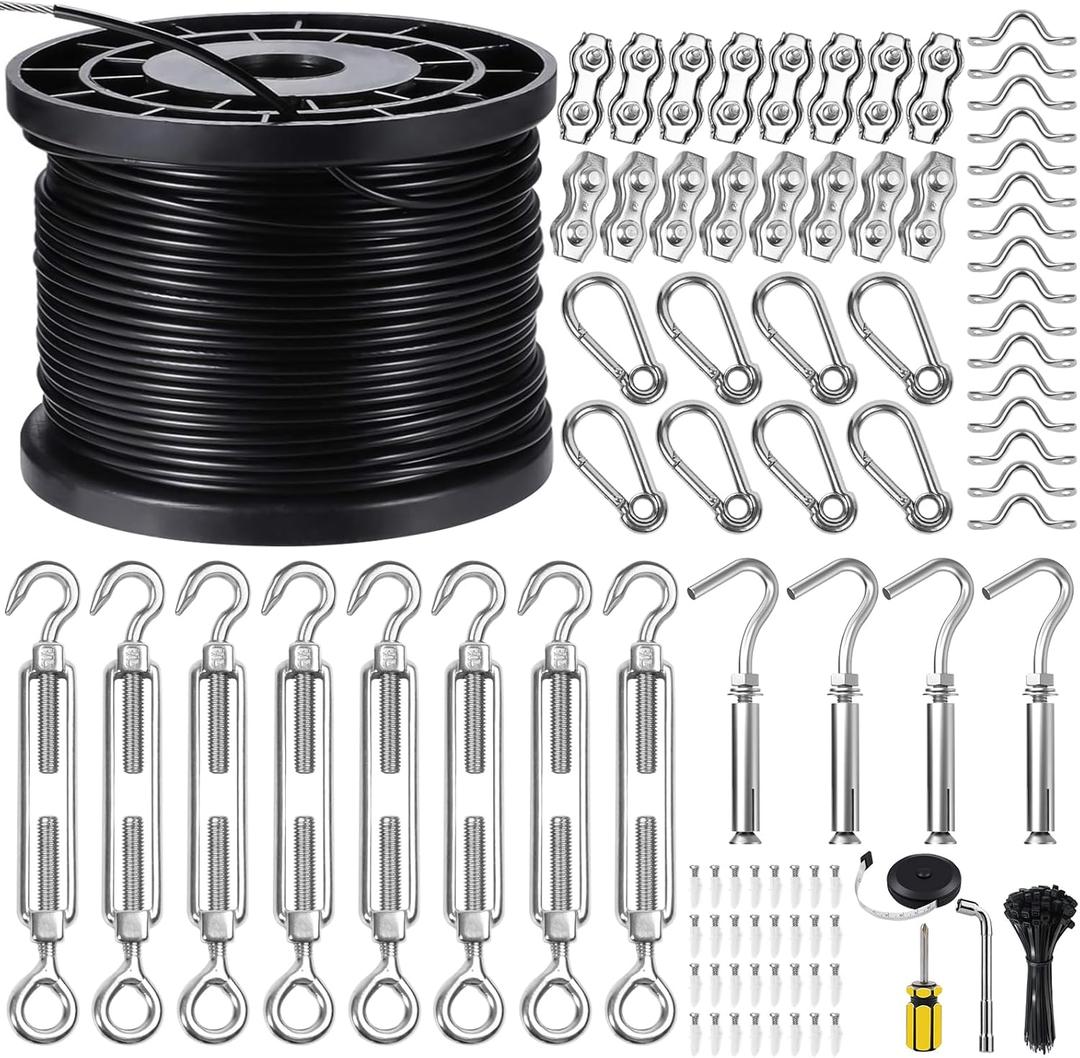 BLIKA String Light Hanging Kits, 500FT Coated Stainless Steel 304 Wire Rope, Outdoor Light Guide Wire, Globe String Light Suspension Kit Included Turnbuckles, Enough Accessories, Use Manual