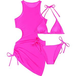 3 Piece Swimsuits Women Bikini Sets with Cover Up Halter Bathing Suit Set Sexy Cutout Coverup (Hot Pink, XL)