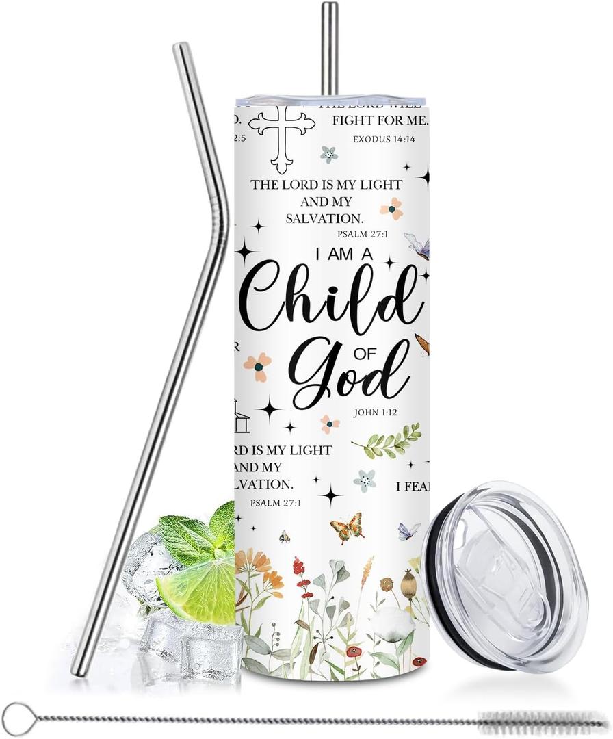 Christian Gifts - 20oz Child of God Insulated Stainless Steel Insulated Tumbler with Straw Lid, Leakproof, for Girl, Sister, Friends - Inspirational Baptism Confirmation Catholic Birthday Gifts Cup