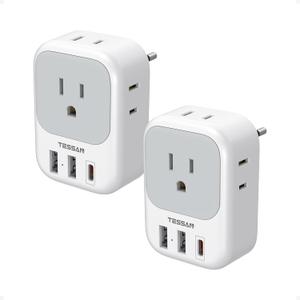 2 Pack European Travel Plug Adapter, TESSAN Europe Power Converter 4 Outlets 3 USB(1 USB C PD 20W), Type C International Adaptor to Italy Spain France Portugal Iceland Germany, EU Travel Essentials
