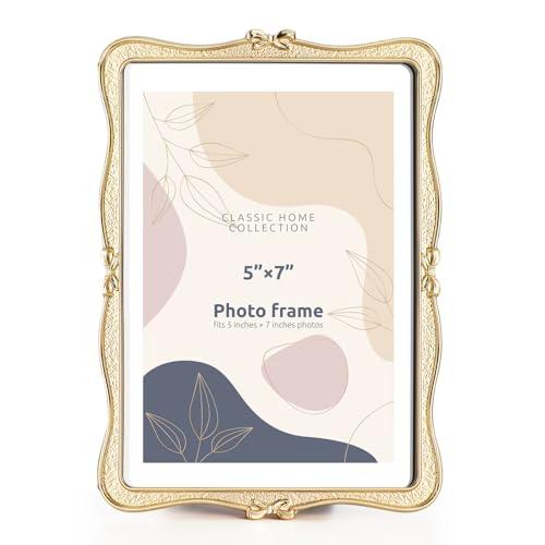 Metal Bow Picture Frame 5x7 Photo Frames with High Definition Glass Front Gift Ideas Tabletop Home Decorative,Gold