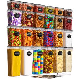 Airtight Food Storage Containers with Lids, 24 PCS Kitchen and Pantry Organization Canisters, BPA-Free, PVC-Free, Food-grade Plastic Leak-proof Jars for Cereal, Flour, Sugar, Extra 24 Labels & Marker, Multiple Sizes