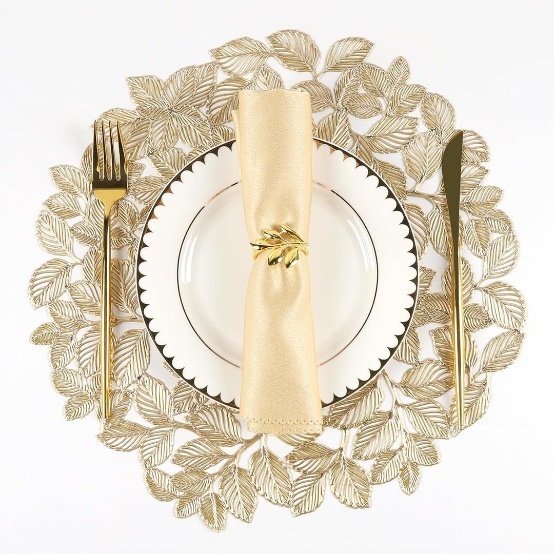 Evevda Gold Leaf Placemats Set of 6 Metallic Table Place Mats Wipeable Round Pressed Vinyl Dining Mats for Kitchen Decorations Gatherings Wedding Dinner