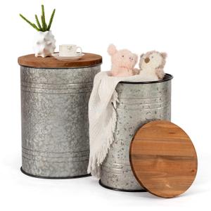 Poofzy Farmhouse End Tables Set of 2, Galvanized Metal Decor Side Table with Wood Lid, Coffee Table Storage Stool for Living Room (Grey), 13.7 inches x 13.7 inches x 20 inches