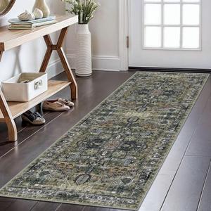KOZYFLY Runners for Hallways 2x6 Ft Washable Kitchen Runner Rug Boho Runner Rug for Entryway Indoor Printed Oriental Faux Wool Floor Carpet Runner for Bedroom Kitchen Hall, Charcoal/Green/Olive