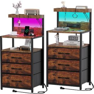 SZLHANJZ Nightstands Set of 2 with Outlet and USB C Port, Bedroom Night Stand with Led Lights and 3 Fabric Drawers, Matching Bedside Tables with Hooks, Vintage Style Storage End Tables, Rustic Brown