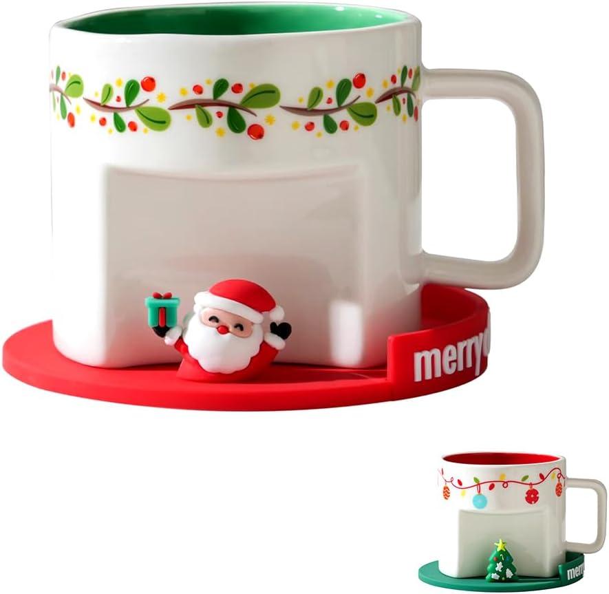 14 oz Mug Coffee Christmas Santa Ceramic Cup with 3D Silicone Coasters, Microwave safe for hot and cold drinks Perfect Birthday Christmas Choice For Children Friend Parent Sibling (Santa Claus)