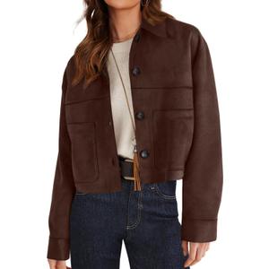 Women's Casual Faux Suede Cropped Jacket Button Down Coat Outwear with Pockets, L