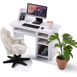 DIYDEC 1:12 Scale Miniatures Office Desk Set 14pcs Dollhouse Office Including Mini Computers Desks Office Chair Keyboard Mouse Folder Books Potted Plants for Tiny Stuff Dollhouse Figurines