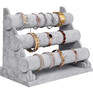 Polmart Black Long Velvet Bracelet/Watches/Jewelry T-Bar Display (Black Velvet, T-Bar) (1, Gray Velvet, 3-Tier)