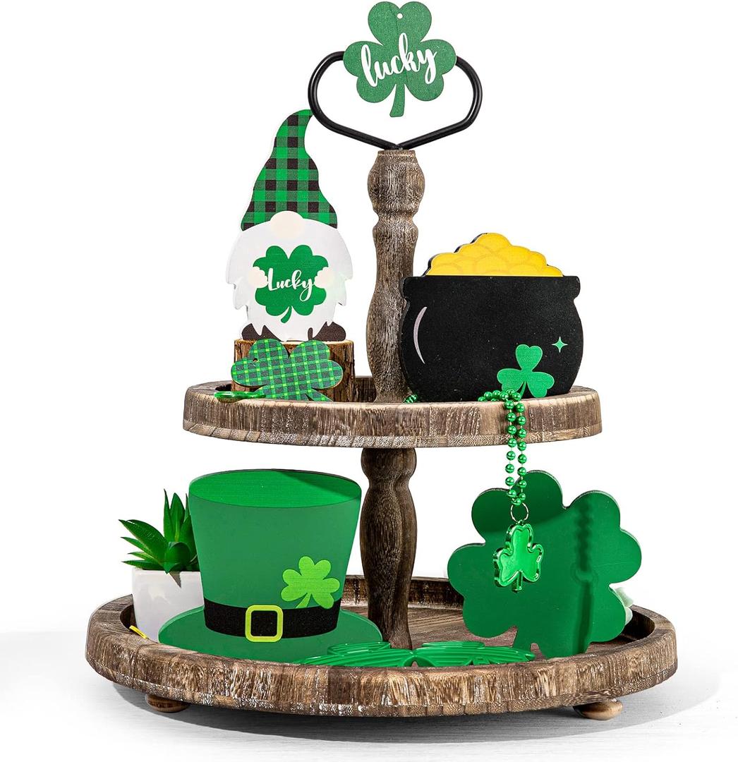 Whaline St. Patrick's Day Tiered Tray Decor Set Including Shamrock Gold Coin Pot Lucky Clover Gnome Green Hat Farmhouse Wood Sign Irish Spring Table Centerpiece for Holiday Party Home Decor, 4Pcs