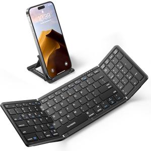 Samsers Foldable Bluetooth Keyboard with Numeric Keypad, Full-Size Wireless Folding Keyboards with PU Leather, Portable Travel for iOS Android Windows Mac OS, Support 3 Device(BT5.1 x 3)-Black