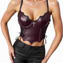 Women's Goth Lace Up Leather Camisole Top Deep V Neck Asymmetrical Crop Party Club Corset Tops XL