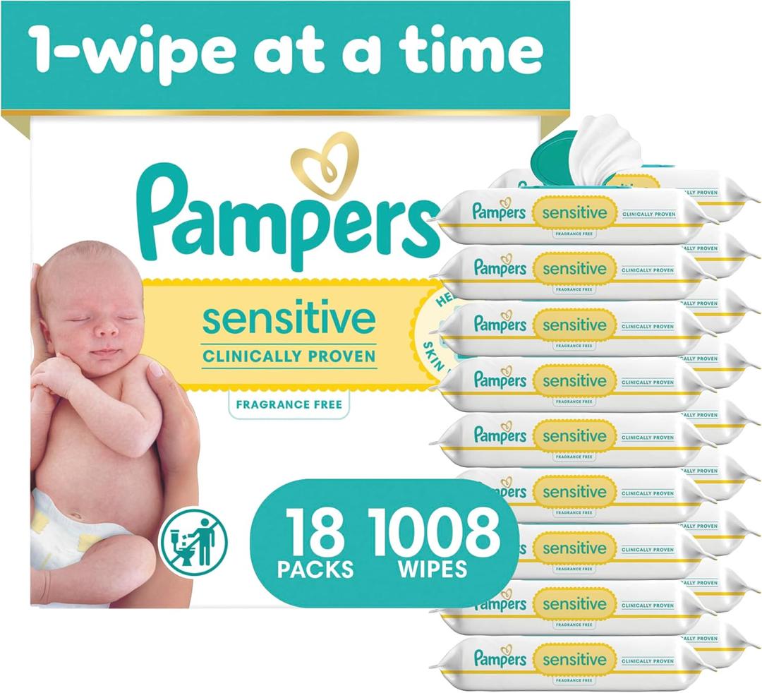 Pampers Sensitive Baby Wipes, Water Based, Hypoallergenic and Unscented, 8 Flip-Top Packs, 4 Refill Packs (1008 Wipes Total)