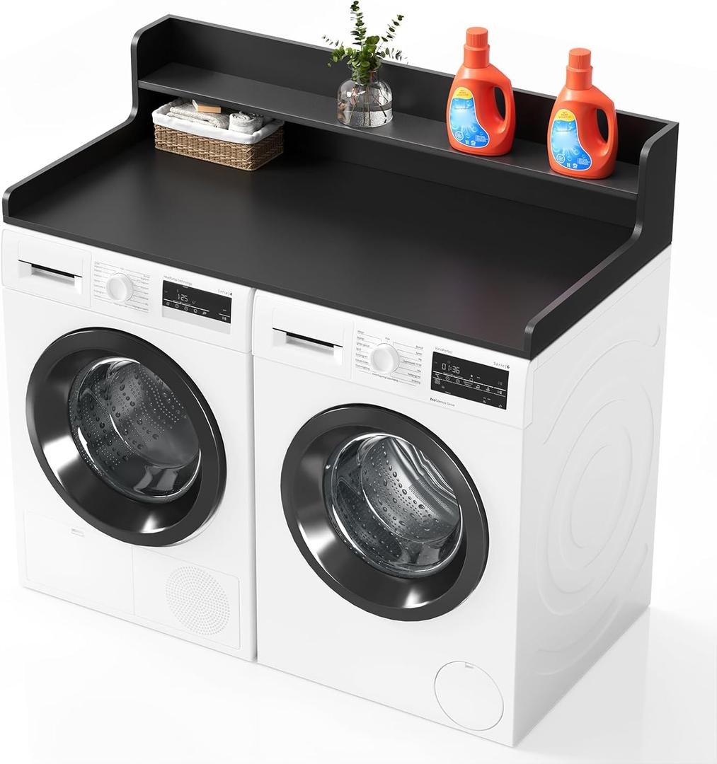 SpaceAid Washer Dryer Countertop with 2-Tier Shelf, Wood Topper with Edge, 54" Width x 27.5" Depth Cover Organizer Guard for Washer and Dryer Counter Laundry Hamper Storage (Black)