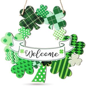 2 x AceOrbit St. Patrick's Day Decoration Wooden Shamrock Door Wreath Welcome Hanging Front Door Sign Wall Sign with Rope Clover Spring Decor Irish Gift for Home Decor Holiday Party Outdoor Indoor 12 in