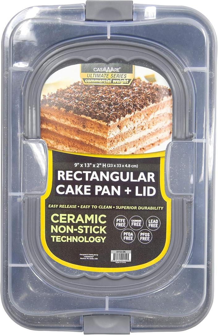 casaWare 9 x 13 x 2-inch Covered Rectangular Cake Pan with Wide Handles (Silver Granite)