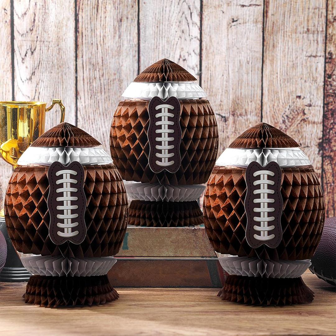 3Pcs Football Party Decorations Large Football Honeycomb Centerpieces 3D Ball Table Decor Sports Ball Paper Honeycomb Decorations for Tailgate Party Decoration(Dark Brown,9.8 Inch)