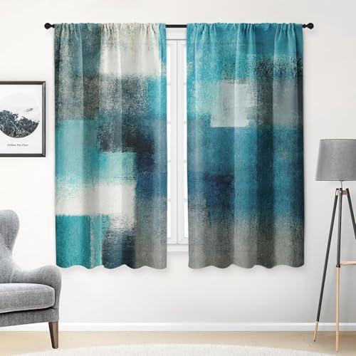 Tayney Turquoise Kitchen Curtains 63 Inch Length Abstract Window Curtains Set of 2, Teal Contemporary Curtain for Bedroom Living Room, Modern Kitchen Decor 42x63 Inch