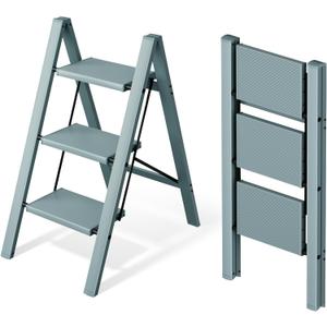 Mayi Plus 3 Step Ladder,Aluminum Folding Step Stool for Adults,Step Ladder with Wide Anti-Slip Pedal,330 lbs Capacity for Home,Office,Kitchen,Library(Blue)