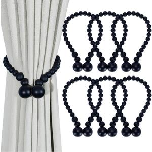 Magnetic Curtain Tiebacks, Curtain Tie Backs for Curtains 6 Pack, Wood Bead Curtain Tiebacks, Curtain Holders for Boho Bedroom Decor, Baby Nursery Decor, Farmhouse Decor (Black)