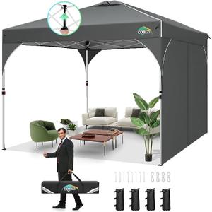 COBIZI 10x10 Pop up Canopy, Canopy Tent 10x10 with 1 Sidewalls, 1 Person Easy Set up, Tents for Parties, Outdoor Canopy with Fluorescent Strip & 4 Sandbags, Waterproof, 3 Adjustable Height（Gray）
