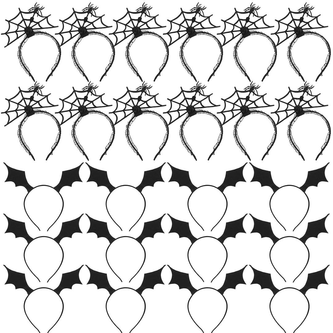 XunYee 24 Pcs Halloween Headbands for Women 12 Spider Web Hair Hoops 12 Black Bat Wing Hairbands Bulk Gifts for Party Cosplay Costume Accessories Supplies