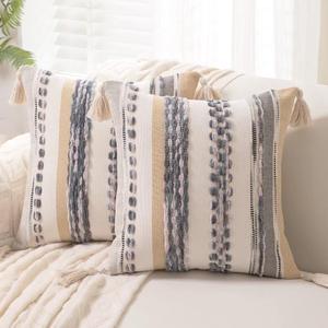 Boho Throw Pillow Covers 18x18 Set of 2 Woven Tufted Farmhouse Pillows Cover with Tassels Textured Striped Cushion Case Neutral Pillow Cases Decorative Pillowcase for Sofa Couch Bed,Grey