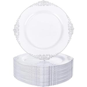 Nervure 100PCS White and Silver Plastic Plates - 10.25Inch Silver Disposable Plates - Heavyweight Dinner Plates for Wedding & Party