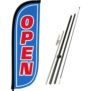 LookOurWay Feather Flag Pole Kit - 7 Feet Tall Advertising Banner with Fiberglass Pole Set and Ground Spike for Business Promotion - Open Flags - Open Blue & Red