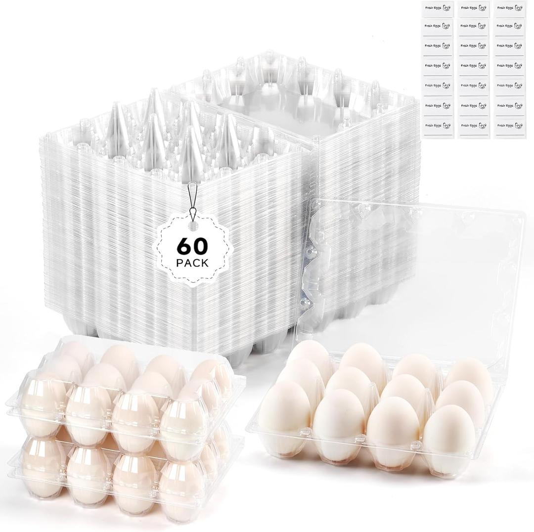 60 Pack Egg Cartons Cheap Bulk 1 Dozen Jumbo Egg Cartons Extra Large Duck Egg Holders with Sticker Labels Clear Empty Plastic Egg Containers for Home Ranch Farm Commercial Market Display