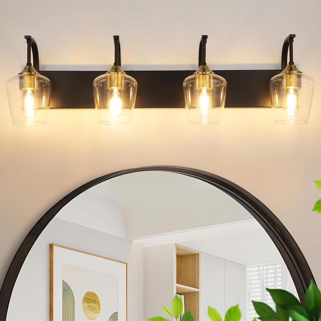 Black Bathroom Light Fixtures - 4-Light Vanity Light with Clear Glass Shades, 33.07'' Industrial Gold Wall Lights for Bedroom Hallway Living Room Kitchen