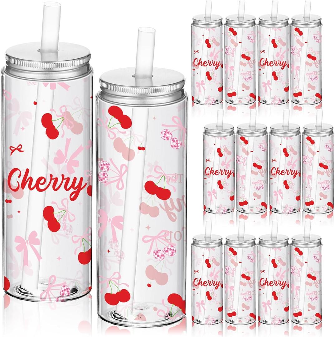 12 Pcs Cherry Pink Bow Plastic Cups with Lids and Straws Reusable Drinking Plastic Bottle for Cherry Birthday Party Decorations She's Ready to Pop Baby Shower Supplies