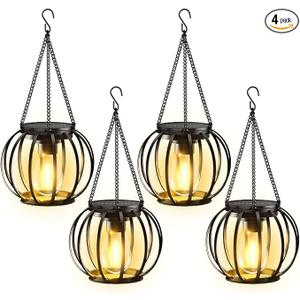 KOOPER Solar Lanterns Outdoor Waterproof, 4 Pack Upgraded Metal Hanging Solar Lights Outdoor Lanterns, Brighter Auto On/Off Outdoor Hanging Lantern for Yard Patio Pathway Porch Garden Decor