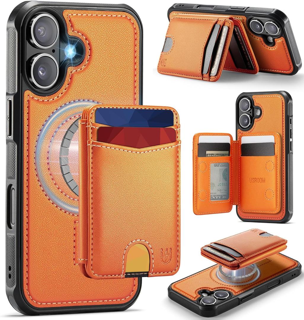 for iPhone 17 Wallet Case Compatible with Magsafe, Magnetic RFID Blocking Card Holder Kickstand 2 in 1 Detachable Case for iPhone 17 6.3", Orange