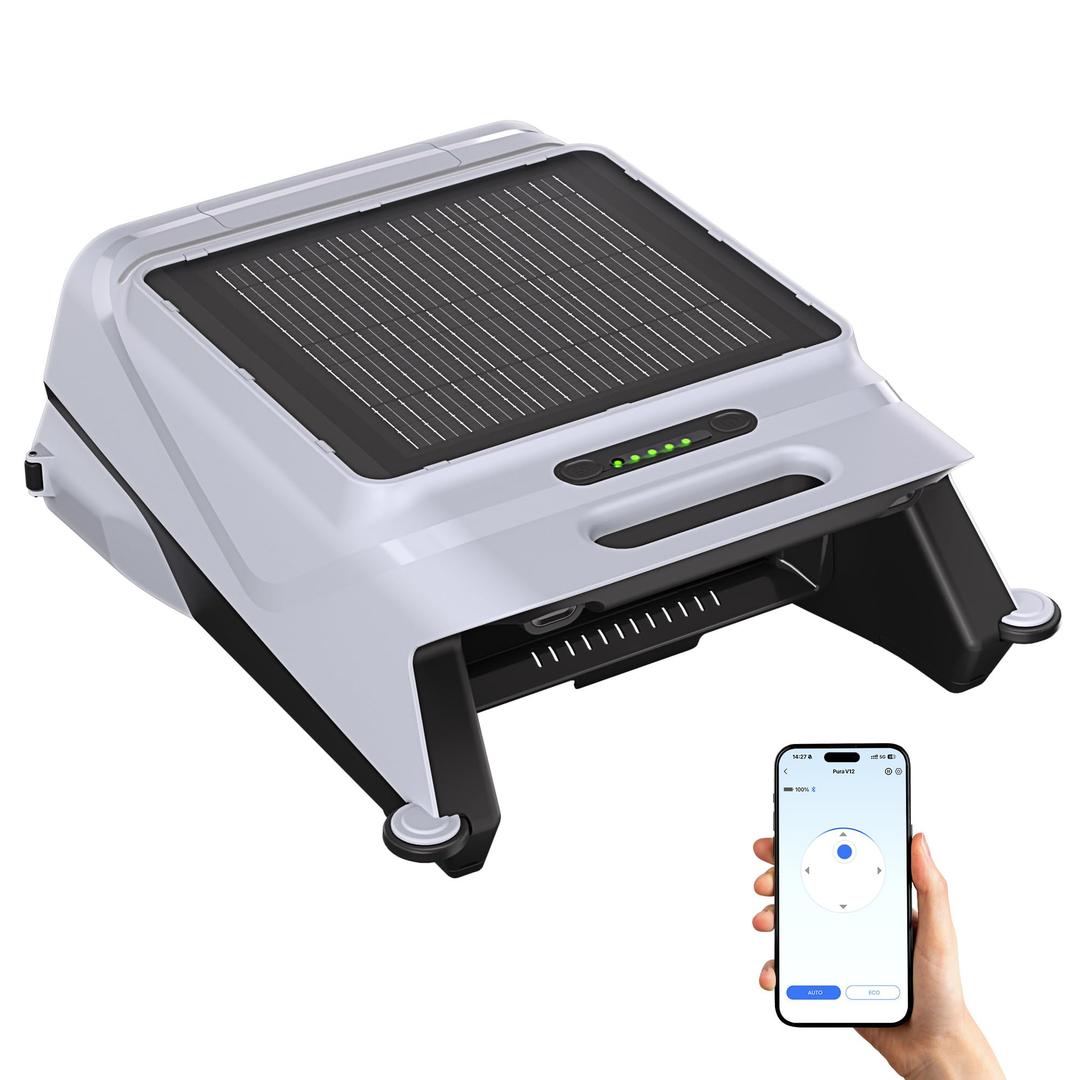 Pura V12 Solar Powered Automatic Pool Surface Skimmer Robot with APP Support,24/7 Continuous Cleaning, Dual Charging Options, Smart Obstacle Avoidance,150-um Filtration, OTA Upgrade (Blue)