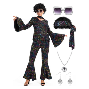 Women 70s Disco Costume 8 PCS Disco Outfit for Halloween Cosplay Party ,Size XL