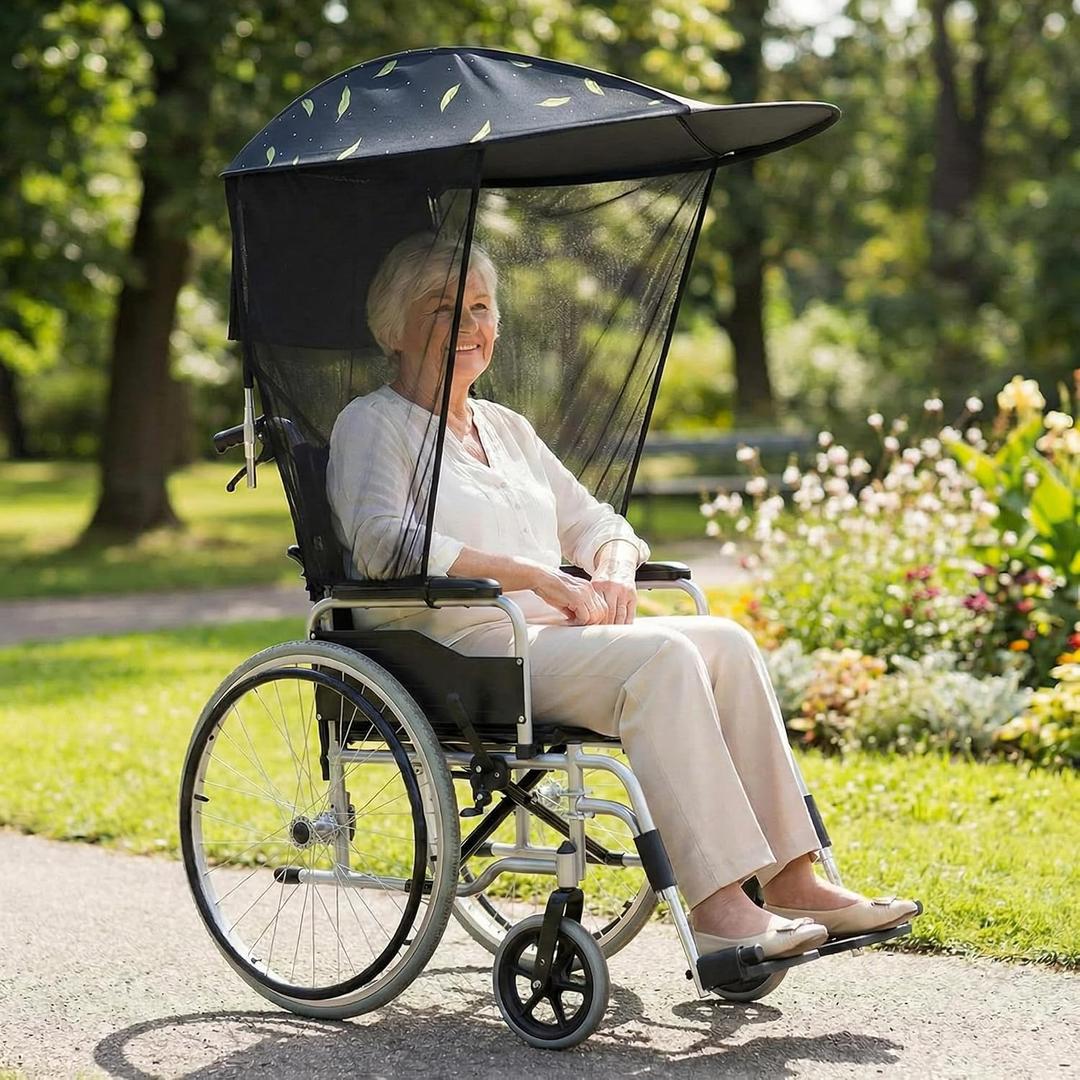 Electric Wheelchair Umbrella Canopy Awning Adjustable Side Gauze Breathable Sun Shade Rain Cover Waterproof UV Resistant Protection Wheelchair with Handles Canopy Accessory(Horizontal Style)