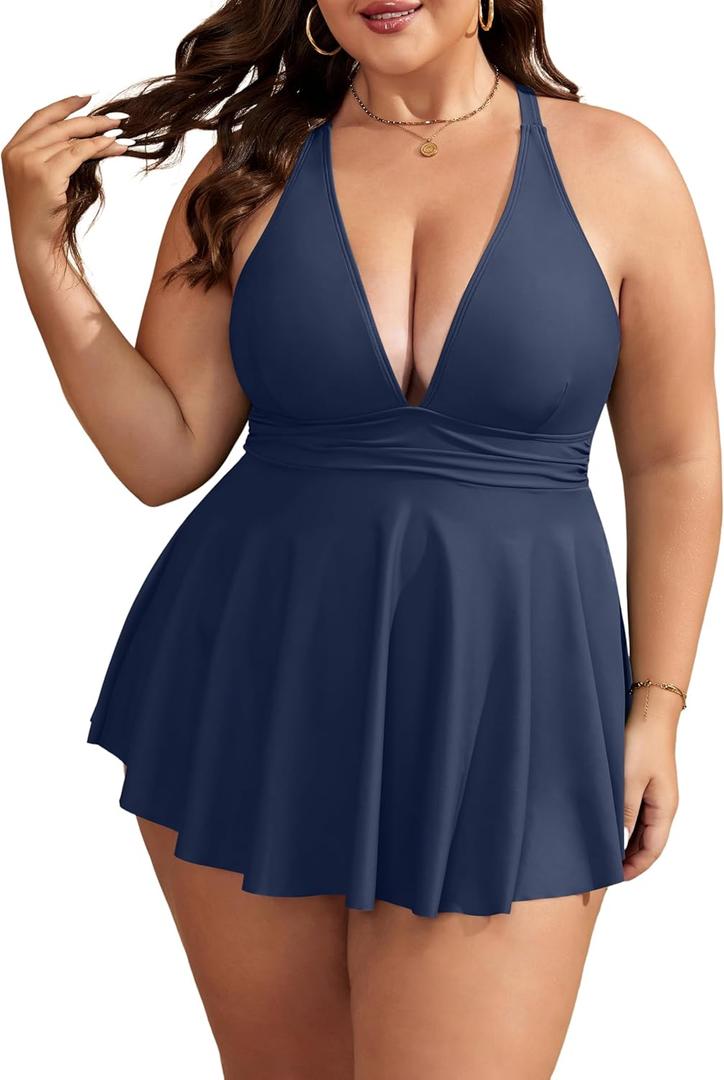B2prity Women's One Piece Swimdress Swimsuit Plus Size Tummy Control Swim Dress V Neck Push Up Skirted Bathing Suit (3X-Large)