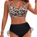 Blooming Jelly Womens High Waisted Bikini Sets Drawstring Tummy Control Swimsuits Crisscross Tie Back Bathing Suit (Large, Black Leopard)