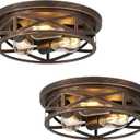 2 Pack Flush Mount Ceiling Light, 3-Light Close to Ceiling Light Fixtures, 13 Inch Farmhouse Cage Style Ceiling Lights for Bedroom, Living Room, Porch Kitchen (Black + Gold)
