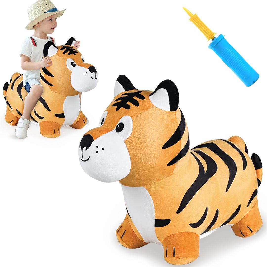 iPlay, iLearn Bouncy Pals Tiger Hopper Toy, Toddler Hopping Horse, Kid Plush Ride on Animal Bouncer W/Pump, Inflatable Bouncing Rider, Indoor Outdoor Jumping Birthday Gift 2 3 4 5 6 Year Old Boy Girl