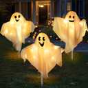 [8 Modes] 3 Pack Halloween Outdoor Decorations Lighted Ghost Yard Stakes with 50 LED Warm White Lights Battery Operated Bendable Arm Light Up White Cloth Ghost Yard Garden Outside Haunted House Decor