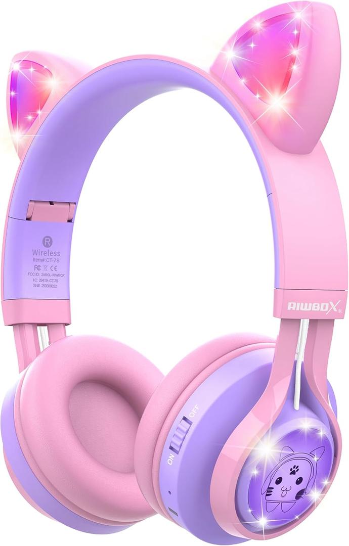 Riwbox Kids Headphones, CT-7S Cat Ear Bluetooth Headphones with LED Light, 85dB Volume Limiting, Over Ear with Microphone for Laptop/PC/TV (Pink/Purple)