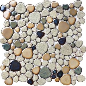 Pebble Stone Mosaic Tiles 5 Sheets, Beige Tan Brown Ceramic Mosaic Sheets Mesh Mounted 12x12, Glazed Porcelain Tile for Shower Floor Kitchen Bathroom Accent Wall Backsplash 5 Sheets