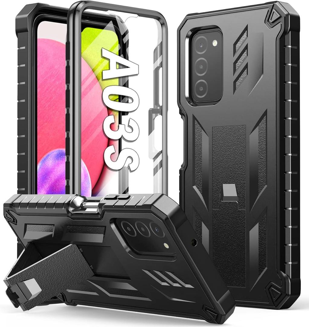 SOiOS for Samsung Galaxy A03S Phone Case: Built in Hard Kickstand & Touch Protector Military Shockproof TPU Sturdy Soft Rugged Heavy Duty Armor Full Body Protection Grade Phone Cover  Black
