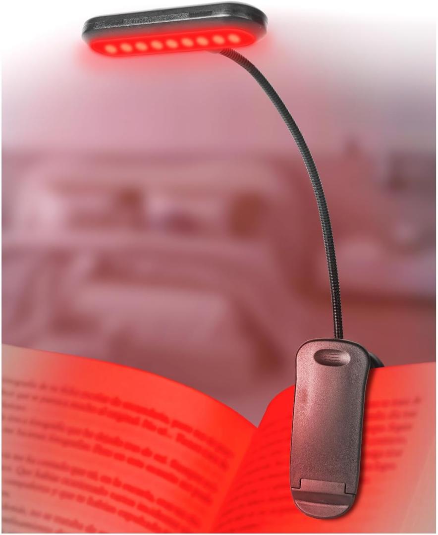 670nm Red Light Book Light for Reading in Bed, Dimmable USB Rechargeable Clip On Red Night Light for Sleep,Eye Comfort, Adjustable Brightness,Portable Booklight with Memory Function