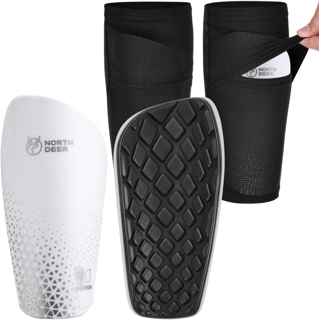 Northdeer Soccer Shin Guards for Kids Adults. Sleeves with Optimized Insert Pocket - Protective Soccer for Boys Girls Men (M (4'7"-5'3"), Shin Pads 1 Pair + Sleeves 1 Pair, White)